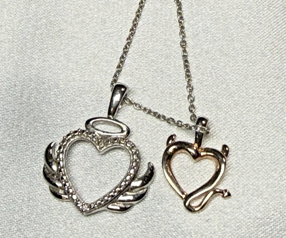 Vintage Sterling Silver 925 Angel & Devil Heart Multi-Pendant Necklace 18 in